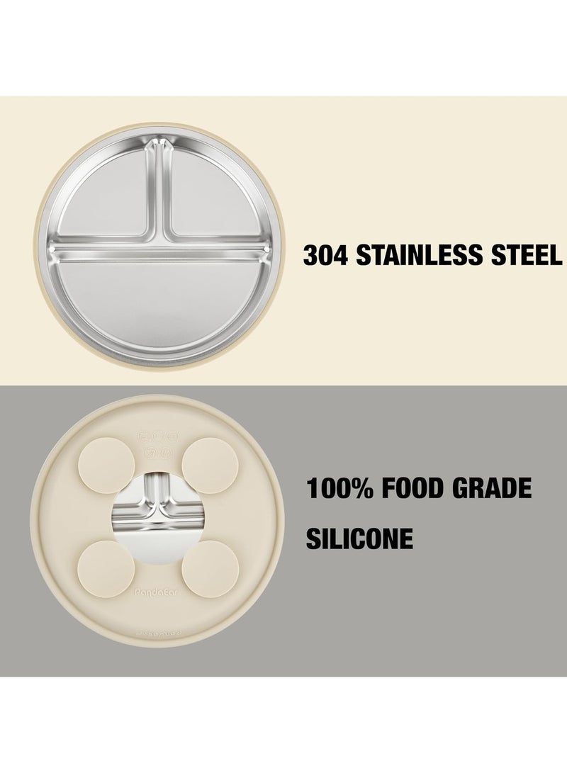 زاڤية مجموعة مكونة من قطعتين من أطباق شفط الأطفال المصنوعة من الفولاذ المقاوم للصدأ، ومجموعة من قطعتين من الملاعق والشوك، ومجموعة أدوات تغذية الأطفال الصغار، وأطباق مقسمة لمستلزمات الفطام الذاتي للطفل، خالية من مادة بيسفينول أ (بيج وأخضر) - Image 3
