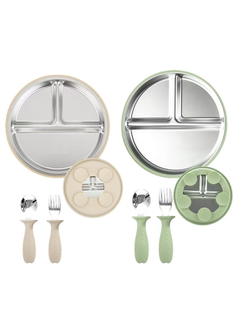 زاڤية مجموعة مكونة من قطعتين من أطباق شفط الأطفال المصنوعة من الفولاذ المقاوم للصدأ، ومجموعة من قطعتين من الملاعق والشوك، ومجموعة أدوات تغذية الأطفال الصغار، وأطباق مقسمة لمستلزمات الفطام الذاتي للطفل، خالية من مادة بيسفينول أ (بيج وأخضر) - Image 1