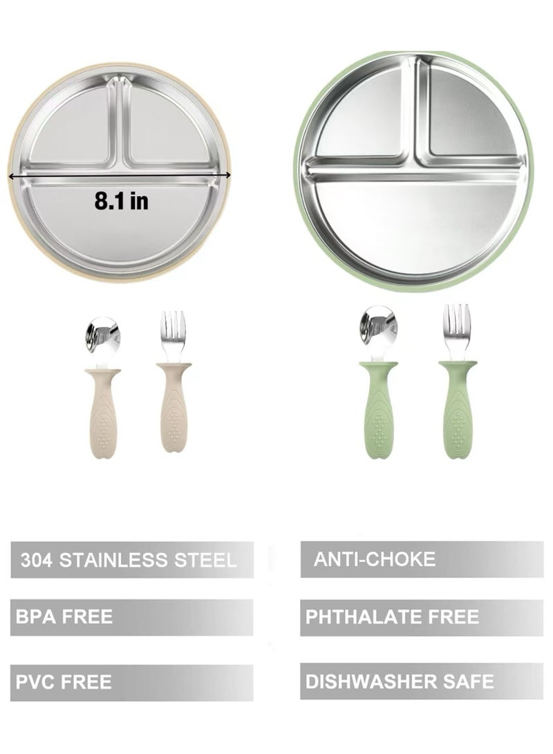 زاڤية مجموعة مكونة من قطعتين من أطباق شفط الأطفال المصنوعة من الفولاذ المقاوم للصدأ، ومجموعة من قطعتين من الملاعق والشوك، ومجموعة أدوات تغذية الأطفال الصغار، وأطباق مقسمة لمستلزمات الفطام الذاتي للطفل، خالية من مادة بيسفينول أ (بيج وأخضر) - Image 4