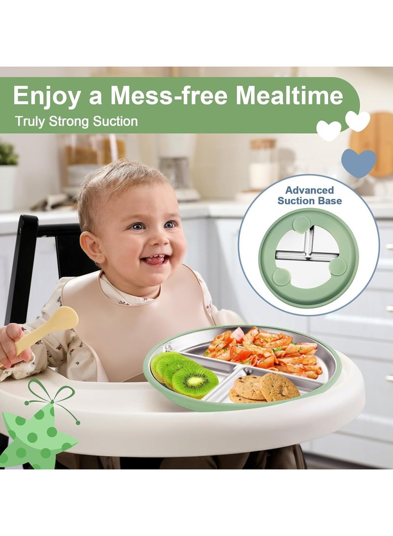 زاڤية مجموعة مكونة من قطعتين من أطباق شفط الأطفال المصنوعة من الفولاذ المقاوم للصدأ، ومجموعة من قطعتين من الملاعق والشوك، ومجموعة أدوات تغذية الأطفال الصغار، وأطباق مقسمة لمستلزمات الفطام الذاتي للطفل، خالية من مادة بيسفينول أ (بيج وأخضر) - Image 5