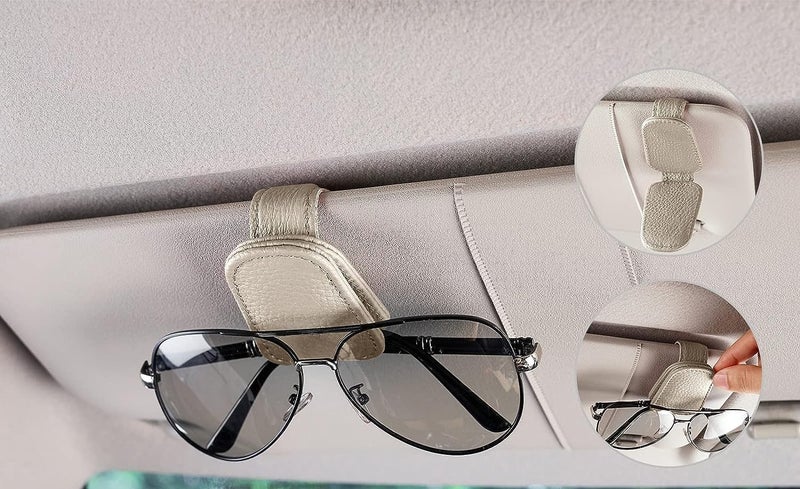 HEXONIQ® Sunglasses Holders for Car Visor, Magnetic Leather Glasses Eyeglass Hanger Clip for Car, Ticket Card Clip Eyeglasses Mount, Car Visor Accessories (Cream, Pack of 1) - Image 2