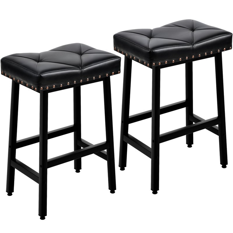 VECELO 25 inch Counter Height Stools for Kitchen Island, 3.3'' Thick PU Upholstered Saddle Seats, Backless Bar Chairs with Metal Base, Black - Image 1