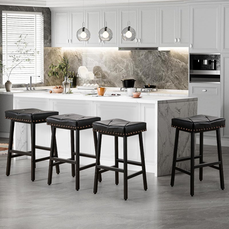 VECELO 25 inch Counter Height Stools for Kitchen Island, 3.3'' Thick PU Upholstered Saddle Seats, Backless Bar Chairs with Metal Base, Black - Image 2