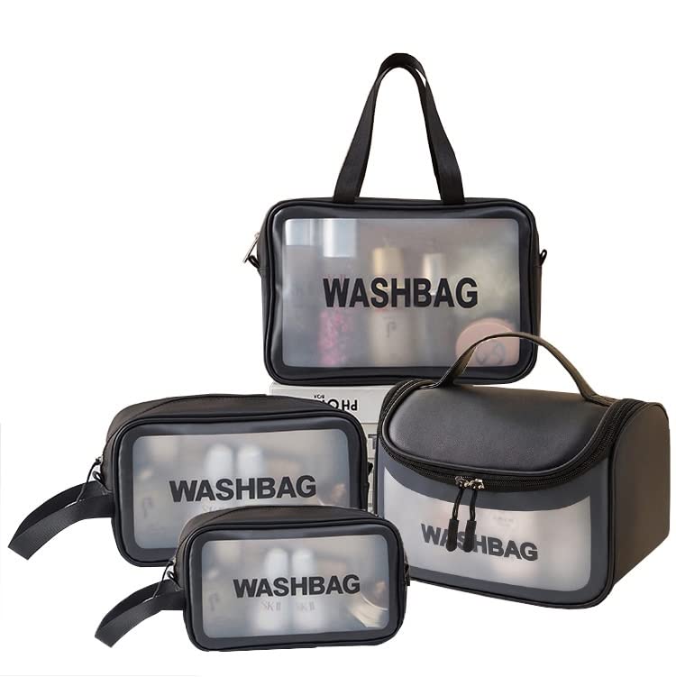 Valamji Multipurpose Clear PVC Zipper Cosmetic Travel Wash Bag Toiletry Makeup Brushes Accessories Organizer Portable Carry Bag Pouch for Women Girls Pack of 4 Black - Image 1
