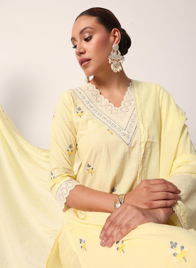 ISHIN Women's Yellow Cotton Textured Tunic Full Palazzo Regular Fit Kurta Set - Image 1