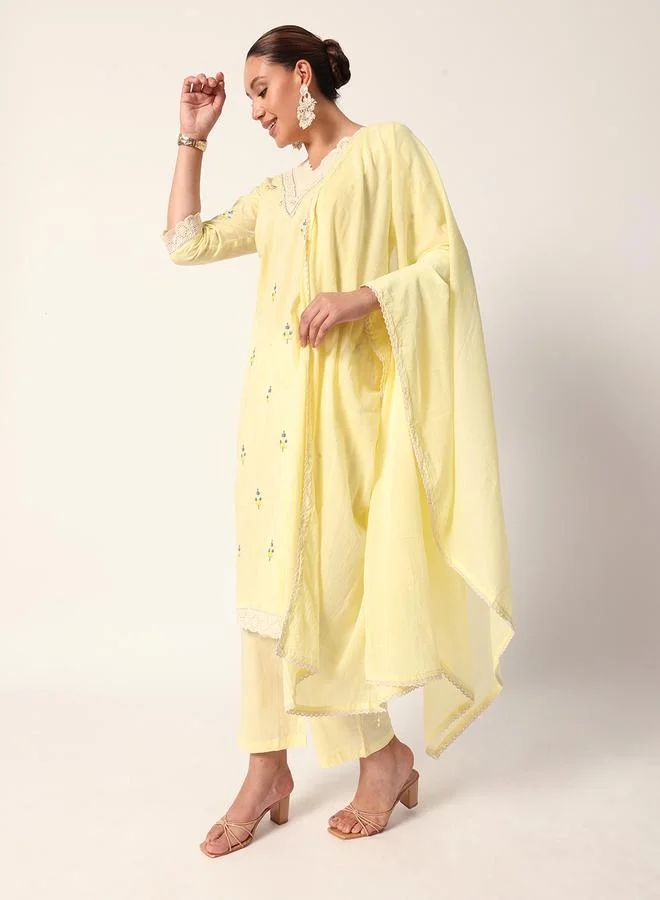 ISHIN Women's Yellow Cotton Textured Tunic Full Palazzo Regular Fit Kurta Set