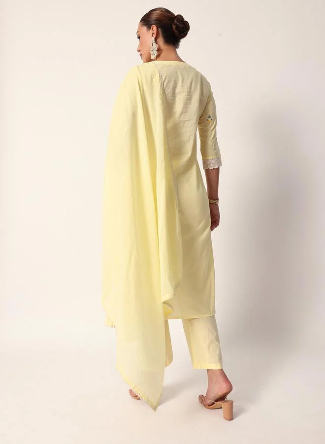 ISHIN Women's Yellow Cotton Textured Tunic Full Palazzo Regular Fit Kurta Set