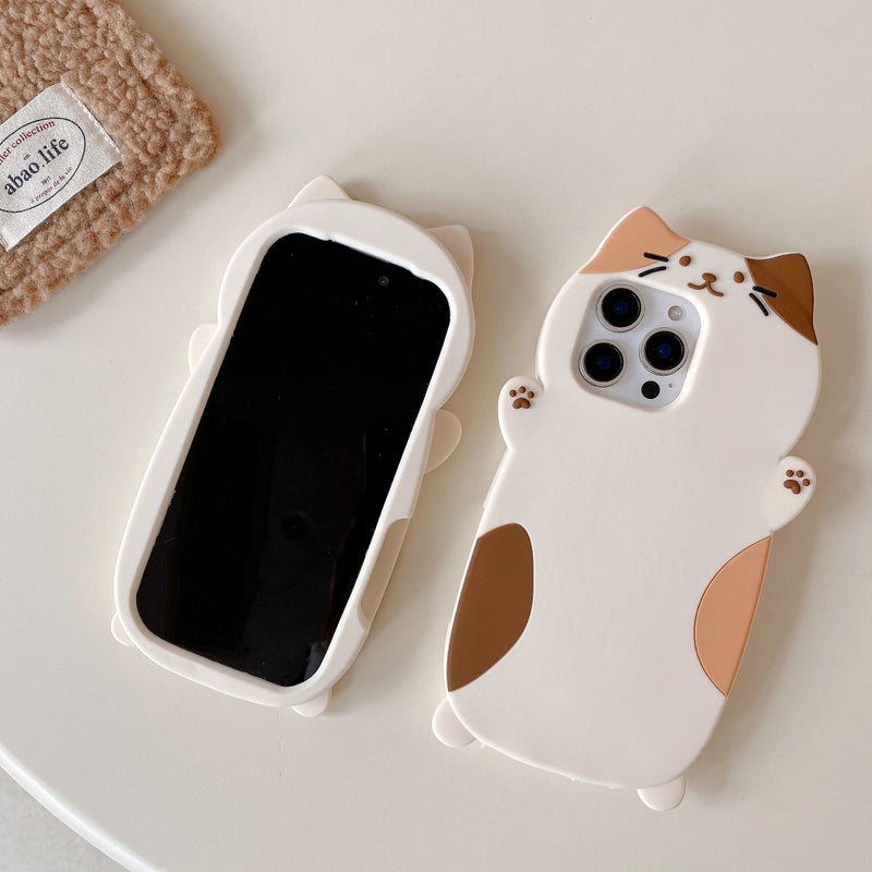 حافظة هاتف سيليكون ثلاثية الأبعاد بتصميم قطة بيضاء لطيفة وممتلئة لهاتف iPhone 15 Pro Max - Image 1