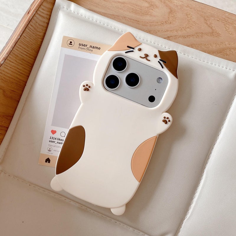 حافظة هاتف سيليكون ثلاثية الأبعاد بتصميم قطة بيضاء لطيفة وممتلئة لهاتف iPhone 15 Pro Max - Image 3