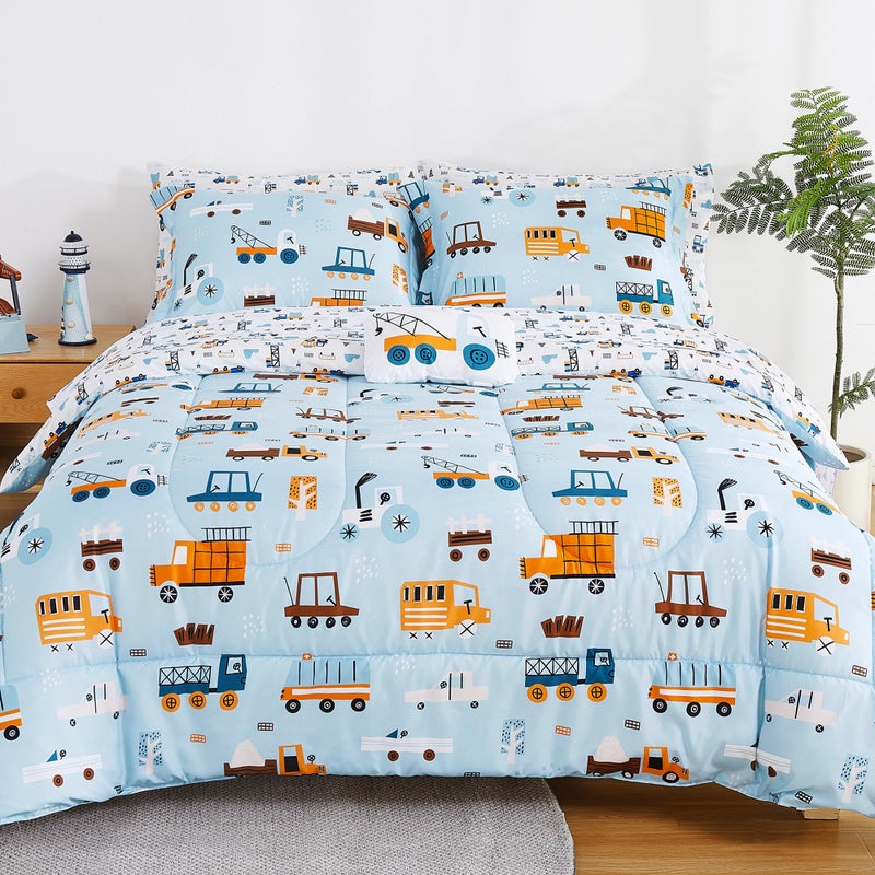 Mooreeke Kids Twin Comforter Sets for Boys 6 Pieces Light Blue Bedding Set for Teens Microfiber Car Truck Kids Bed in A Bag with Comforter, Sheet Set, Shams and Decorative Toy Pillow All Season - Image 1