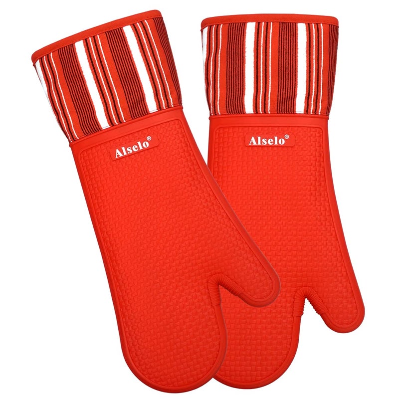 Alselo Silicone Oven Mitts Heat Resistant 550 Degree Extra Long Kitchen Mittens with NonSlip and Waterproof Pot Holders for Baking Cooking Barbecue Microwave Machine WashableExtra Long red 2