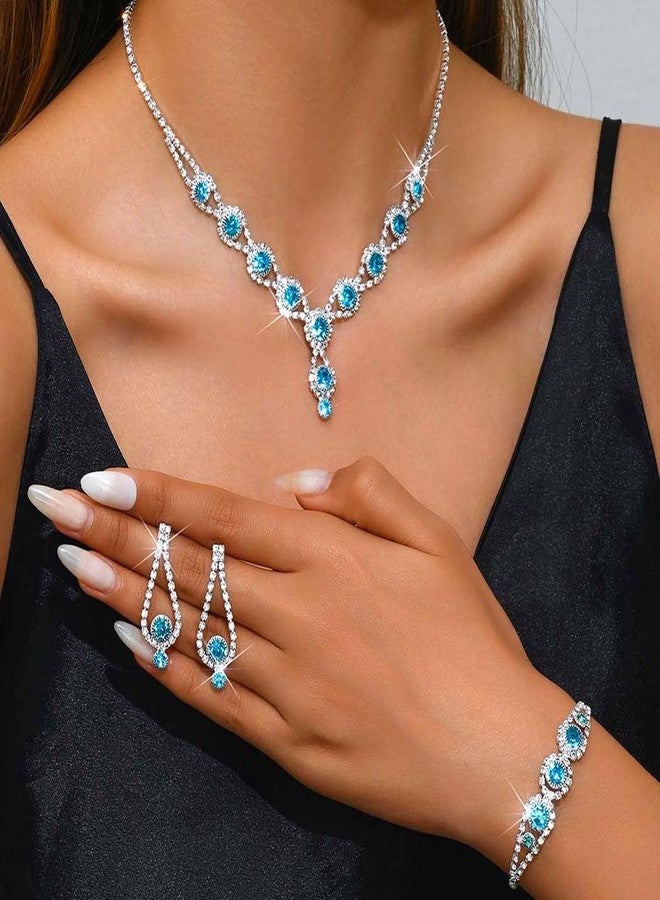 Unicra Silver Bridal Wedding Jewelry Set Rhinestone Necklace Earrings Bracelet Sets Formal Prom Costume Jewelry Sets for Women and Brides (Light Blue) - Image 4