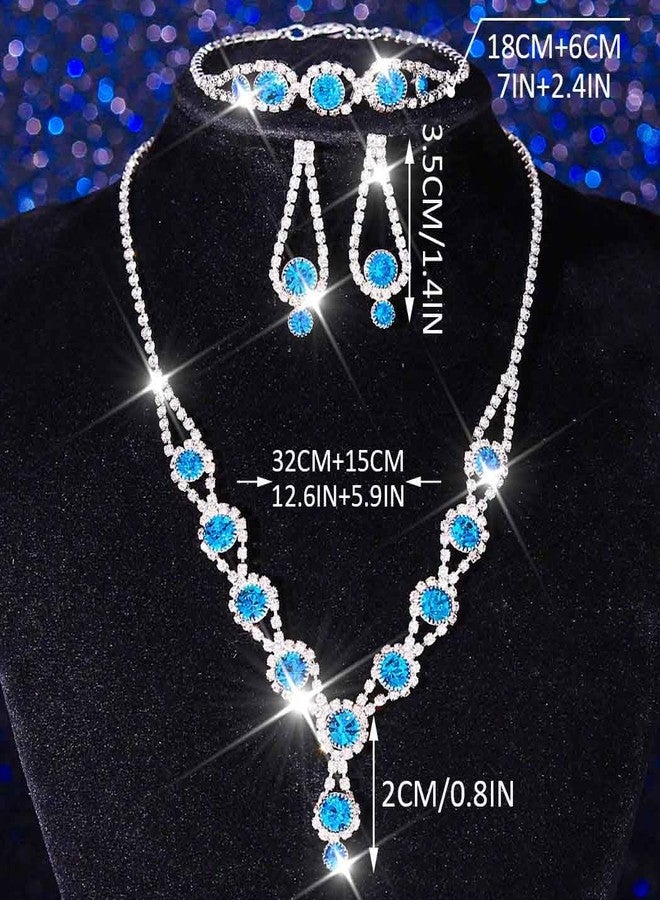 Unicra Silver Bridal Wedding Jewelry Set Rhinestone Necklace Earrings Bracelet Sets Formal Prom Costume Jewelry Sets for Women and Brides (Light Blue) - Image 2