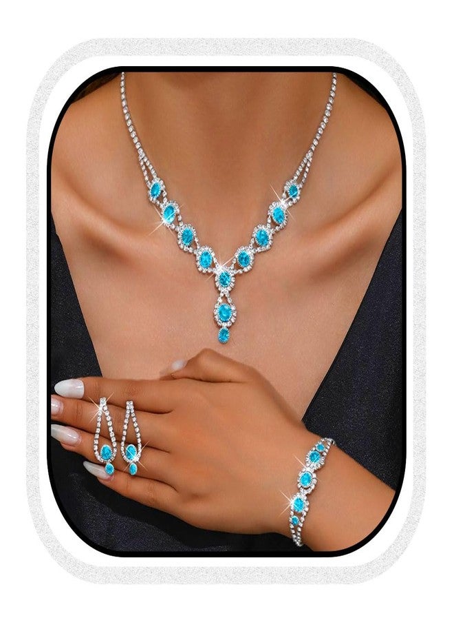 Unicra Silver Bridal Wedding Jewelry Set Rhinestone Necklace Earrings Bracelet Sets Formal Prom Costume Jewelry Sets for Women and Brides (Light Blue) - Image 1