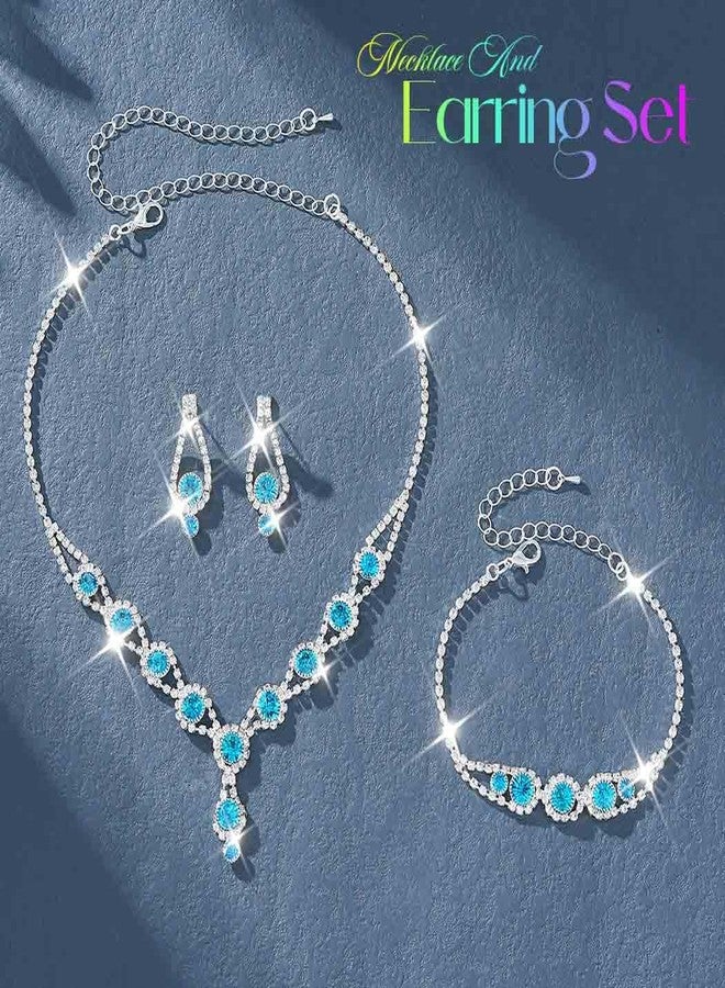 Unicra Silver Bridal Wedding Jewelry Set Rhinestone Necklace Earrings Bracelet Sets Formal Prom Costume Jewelry Sets for Women and Brides (Light Blue) - Image 3