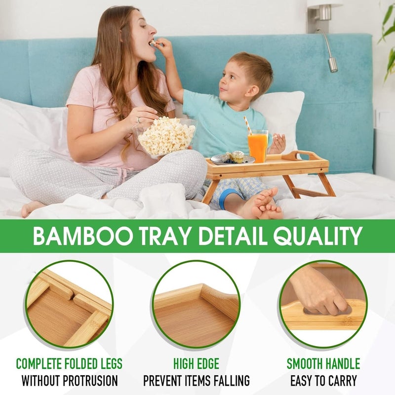 إي سي في في طبق تقديم طعام من الخيزران، صينية خشبية، صينية سرير من الخيزران بأرجل قابلة للطي، مثالية للمطبخ والفنادق والحانات والقهوة والإفطار في السرير والشاي - طاولة خشبية - Image 4