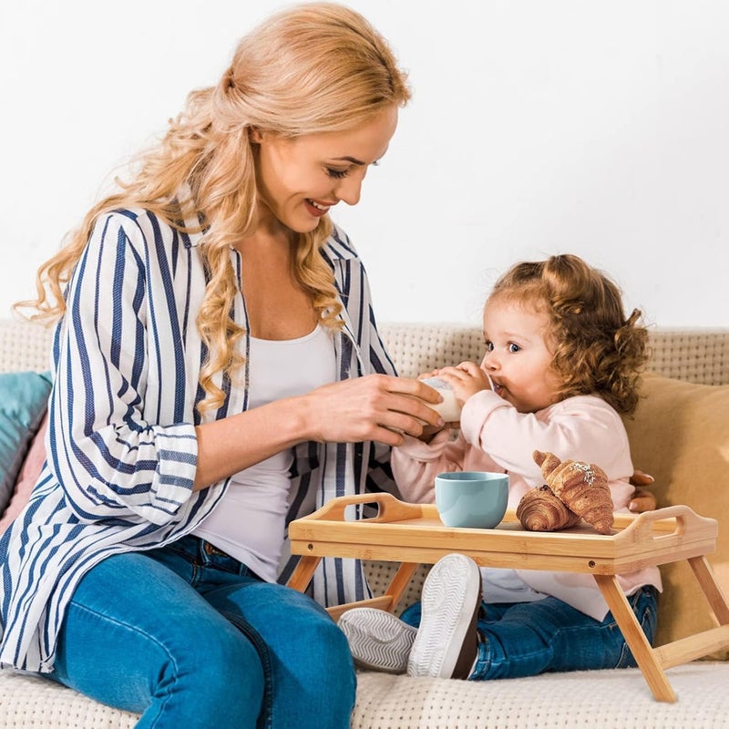 إي سي في في طبق تقديم طعام من الخيزران، صينية خشبية، صينية سرير من الخيزران بأرجل قابلة للطي، مثالية للمطبخ والفنادق والحانات والقهوة والإفطار في السرير والشاي - طاولة خشبية - Image 3