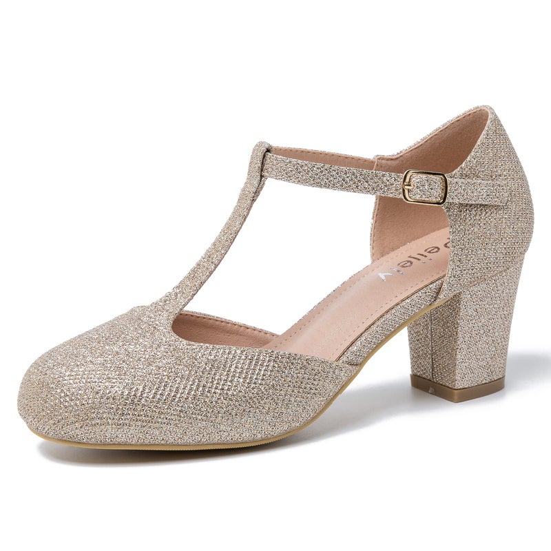 Peijely Women's T-Strap Mary Jane Pumps, Block Heel, Closed Toe, Dress Shoes with Buckle Sparkly Champagne 42 - US 9.5 - Image 1
