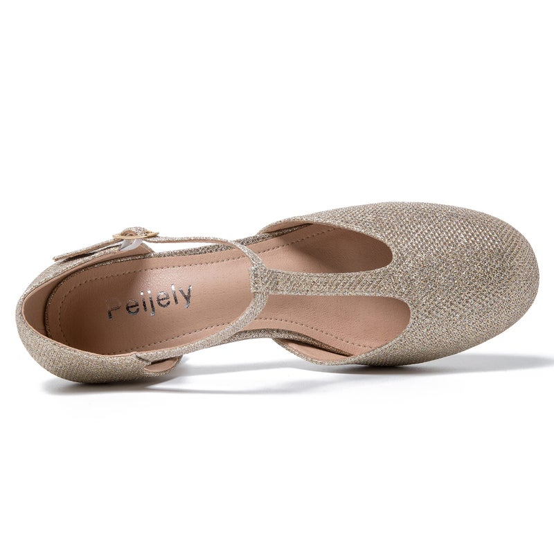 Peijely Women's T-Strap Mary Jane Pumps, Block Heel, Closed Toe, Dress Shoes with Buckle Sparkly Champagne 42 - US 9.5 - Image 4