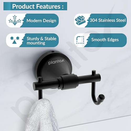Plantex 304 Grade Stainless Steel Hooks for Hanging Clothes and Towel in Bathroom/Living Room - Niko (Black) - Image 2