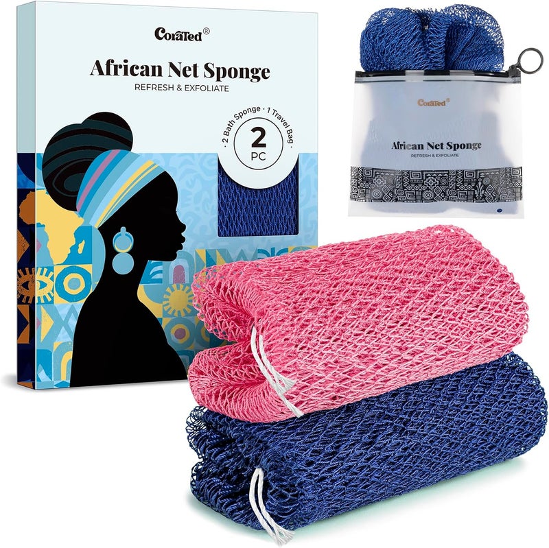 CORATED 2pcs African Exfoliating Net Sponge Set Bath Shower Net Sponges Back Scrubber Washcloth for Shower Beauty Skin Cleaning for Shower Spa Massage Pink Blue
