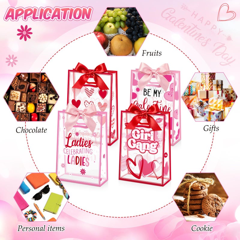 Capoda 24 Pack Galentine's Day Gift Bags with Handles - Large Pink & Red Valentine Party Favor Bags - Reusable Plastic Goody Bag for Girls Night & Ladies Celebration - Image 4