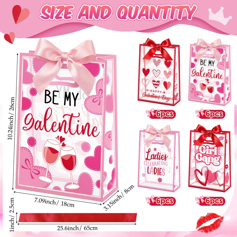 Capoda 24 Pack Galentine's Day Gift Bags with Handles - Large Pink & Red Valentine Party Favor Bags - Reusable Plastic Goody Bag for Girls Night & Ladies Celebration - Image 2