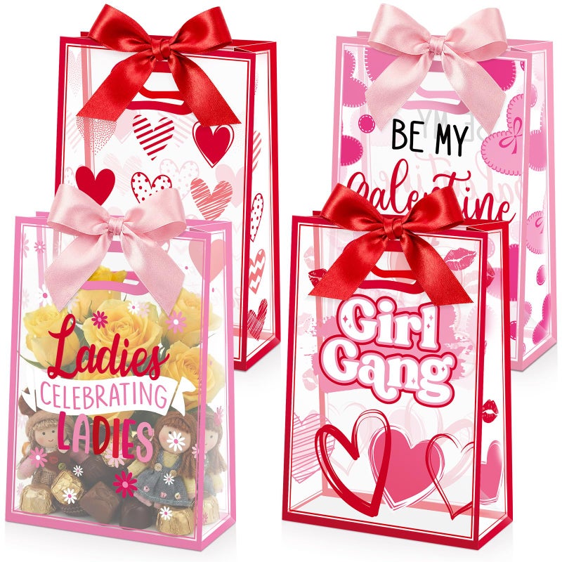 Capoda 24 Pack Galentine's Day Gift Bags with Handles - Large Pink & Red Valentine Party Favor Bags - Reusable Plastic Goody Bag for Girls Night & Ladies Celebration - Image 1