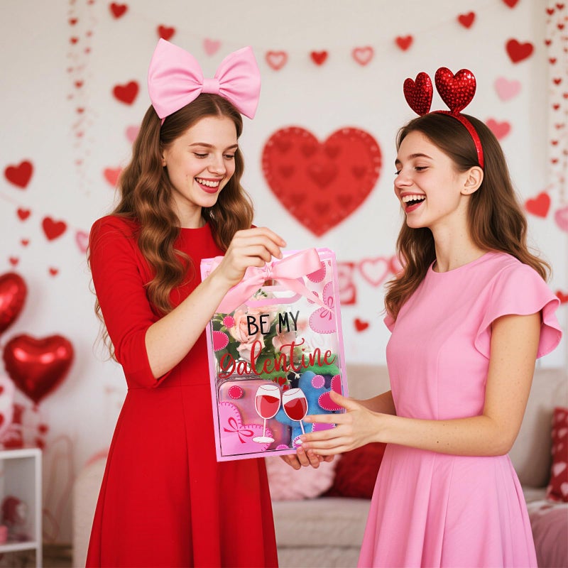 Capoda 24 Pack Galentine's Day Gift Bags with Handles - Large Pink & Red Valentine Party Favor Bags - Reusable Plastic Goody Bag for Girls Night & Ladies Celebration - Image 5