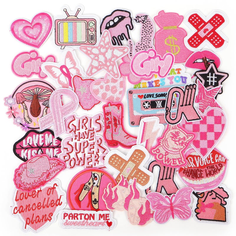 NICEVINYL Embroidered Preppy Iron on Patches 35PCS Pink Embroidery Sew on Applique Patch for Clothing