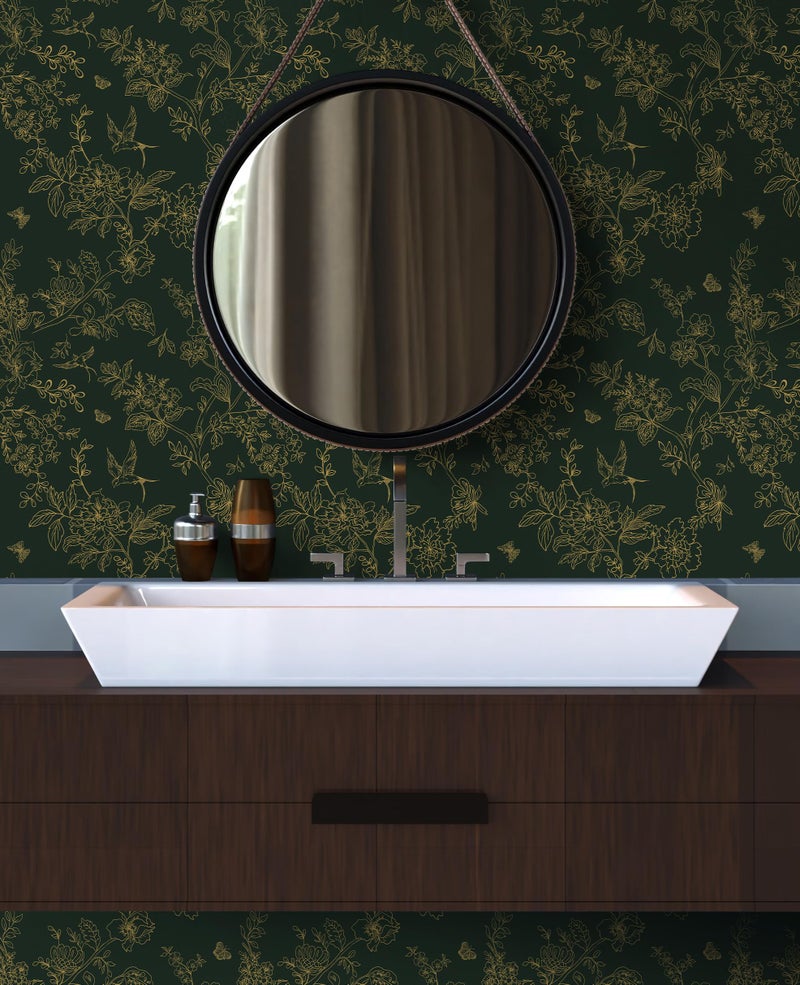 Froluya Dark Green and Gold Wallpaper Floral Peel and Stick Wallpaper 17.7"x118.1" Vintage Floral Contact Paper Peel and Stick Flowers Birds Removable Self Adhesive Wall Paper for Bedroom Cabinets - Image 4