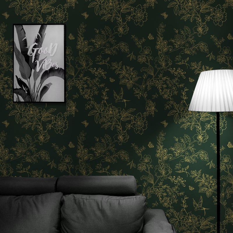 Froluya Dark Green and Gold Wallpaper Floral Peel and Stick Wallpaper 17.7"x118.1" Vintage Floral Contact Paper Peel and Stick Flowers Birds Removable Self Adhesive Wall Paper for Bedroom Cabinets - Image 5