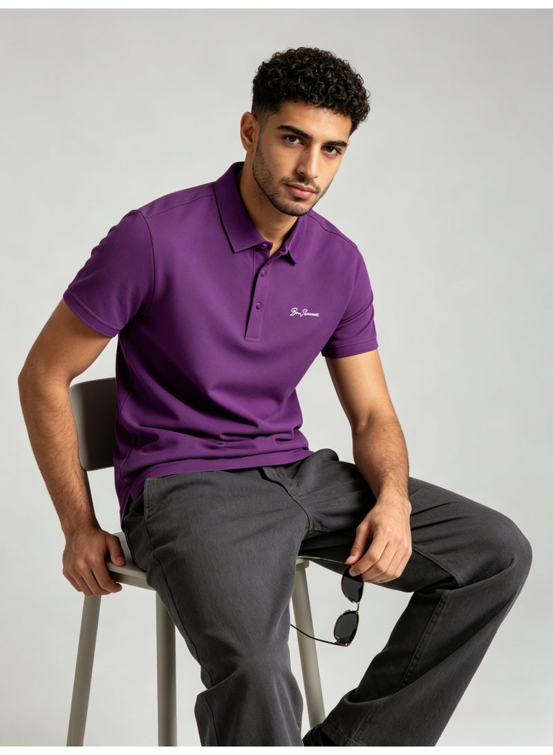 بين شيرمان Ben Sherman Men’s Rich Purple Solid Embroidered Short Sleeve Polo Shirt - Image 2