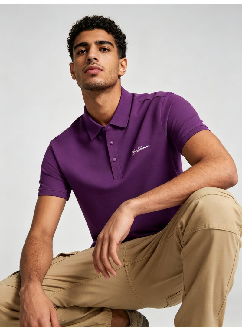 بين شيرمان Ben Sherman Men’s Rich Purple Solid Embroidered Short Sleeve Polo Shirt - Image 1