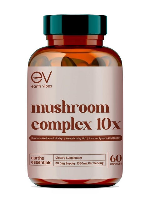 Earth Vibes 10-in-1 Mushroom Complex - 60 Vegan Capsules | Supports Immune Function & Cognitive Health | Includes Lion's Mane, Cordyceps, Reishi & Chaga | Improve Energy, Memory & Focus | Non-GMO