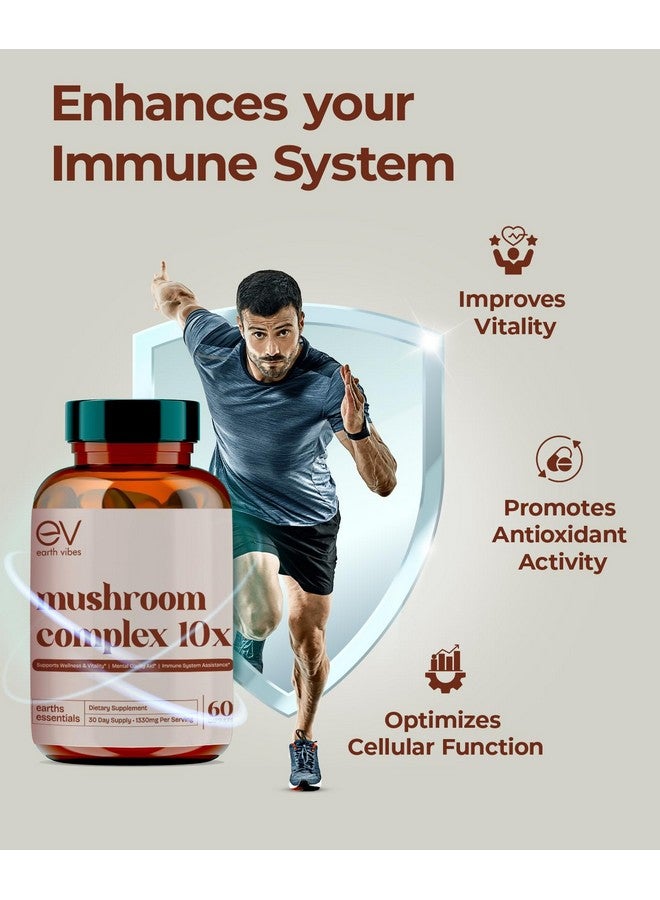 Earth Vibes 10-in-1 Mushroom Complex - 60 Vegan Capsules | Supports Immune Function & Cognitive Health | Includes Lion's Mane, Cordyceps, Reishi & Chaga | Improve Energy, Memory & Focus | Non-GMO