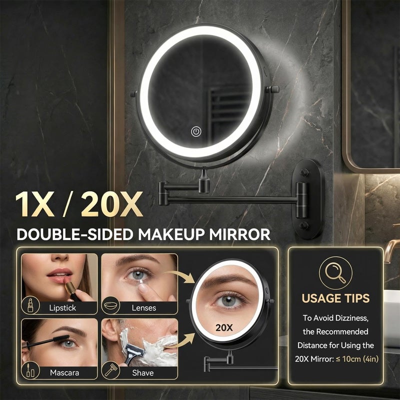 Auxmir 8" Wall Mounted Lighted Makeup Mirror, 3200mAh Rechargeable, 1X/20X Dual Magnification, 3-Color LED Light, 360° Adjustable Arm,Black - Image 4