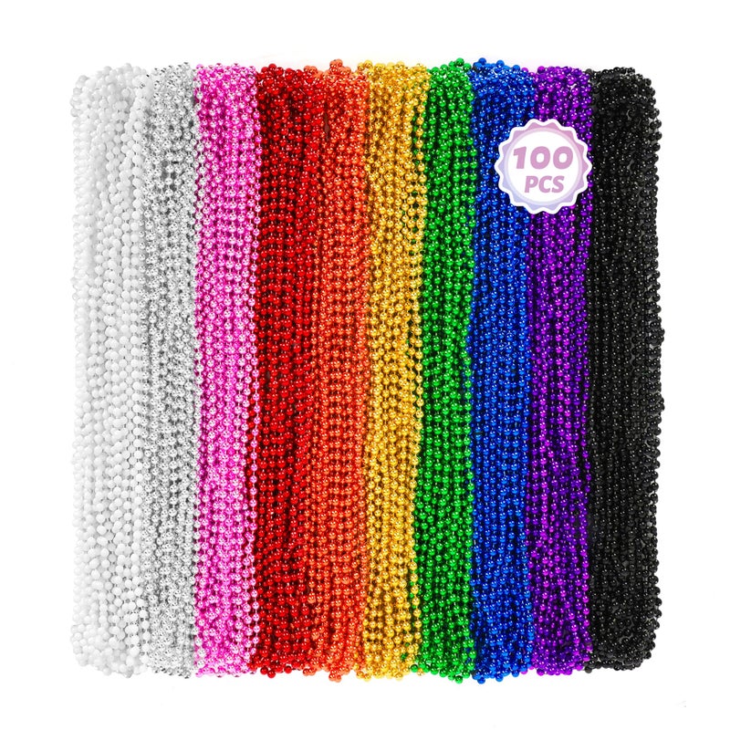 Huskein 100 Pcs Mardi Gras Beads  33"" Assorted Colors Carnival Beads Bulk  10 Kinds Colors Beaded Stuff Set  Parade Throw Accessories Set  Round Beads Costume Necklaces For Festive Party Supplies - Image 1