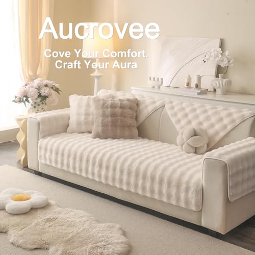 Aucrovee Soft Plush Faux Fur Couch Cover, Thick Warm Fuzzy Sectional Sofa Covers for 3 Cushion Couch Sofa L Sharped Sofa Non Slip Slipcover, Furniture Protector Covers for Pets(1 PCS 36"x36" White) - Image 3