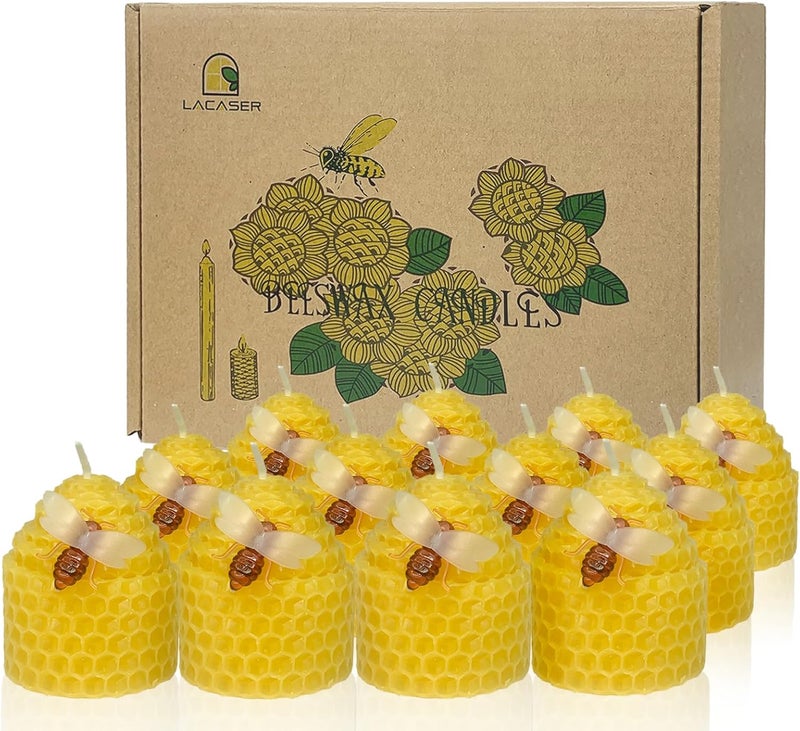Lacaser Beeswax Candles Bulk Set of 12, Bee Candles with Little Bee Ornament Decors, Bee Themed Gift,Unscented&Smokeless &Dripless, Dia 1.77" x1.97" Each, Yellow - Image 1