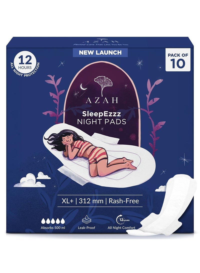 عزة Azah XL+ مناديل صحية للنساء [عبوة من 10] | وسادات ليلية كبيرة مقاس 312 مم | كوتوني فوط صحية ناعمة للنساء | فوط XL+ للنساء | دليل على التسرب للحماية طوال الليل | ظهر طويل وعريض للغاية - Image 1