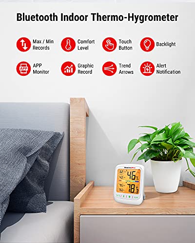 ThermoPro ترمو برو مقياس الحرارة والرطوبة بلوتوث 260 قدم لاسلكي مع شاشة LCD مضاءة كبيرة تخزين البيانات وتصديرها لمراقبة درجة الحرارة والرطوبة سجلات الحد الأقصى والحد الأدنى عبوة من 2 - Image 3