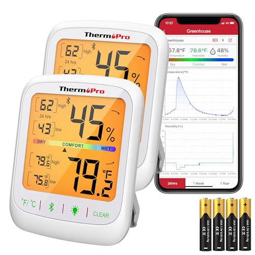 ThermoPro ترمو برو مقياس الحرارة والرطوبة بلوتوث 260 قدم لاسلكي مع شاشة LCD مضاءة كبيرة تخزين البيانات وتصديرها لمراقبة درجة الحرارة والرطوبة سجلات الحد الأقصى والحد الأدنى عبوة من 2 - Image 1