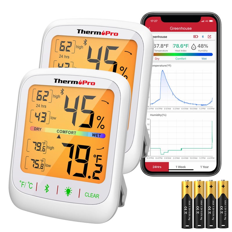 ThermoPro ترمو برو مقياس الحرارة والرطوبة بلوتوث 260 قدم لاسلكي مع شاشة LCD مضاءة كبيرة تخزين البيانات وتصديرها لمراقبة درجة الحرارة والرطوبة سجلات الحد الأقصى والحد الأدنى عبوة من 2 - Image 2