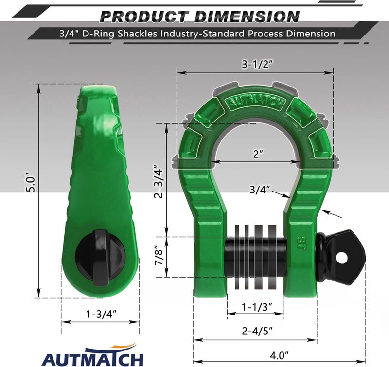 AUTMATCH حلقة د شاكلة 3/4" ميغا شاكلة (عبوة 2) قوة كسر 68,000 رطل - شاكلة ثقيلة مع دبوس لولبي 7/8" وغسالة عازلة لاستعادة المركبات على الطرق الوعرة، أخضر داكن - Image 3