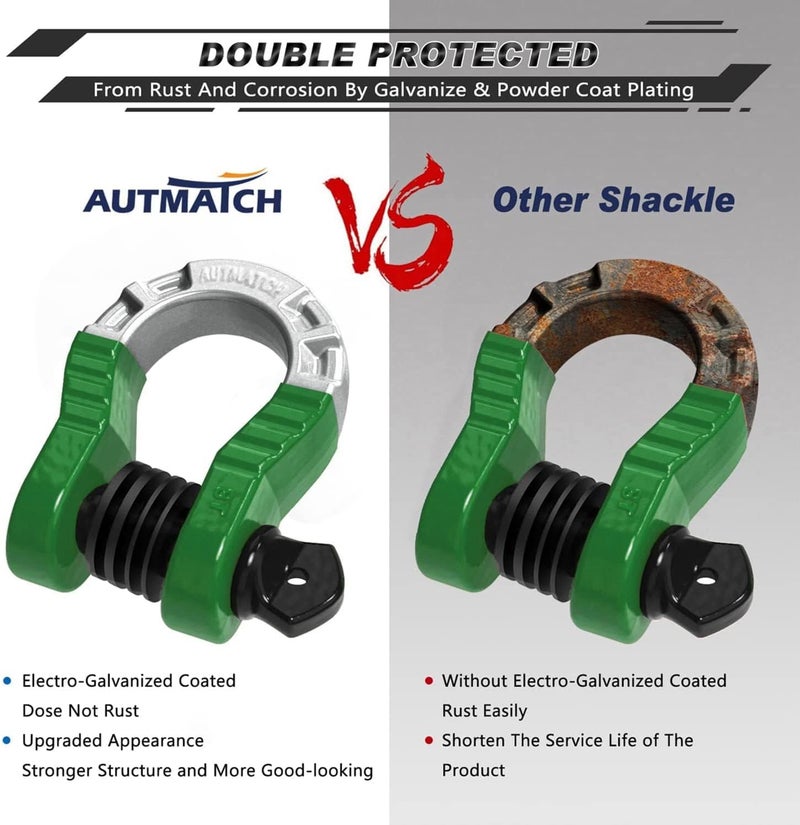 AUTMATCH حلقة د شاكلة 3/4" ميغا شاكلة (عبوة 2) قوة كسر 68,000 رطل - شاكلة ثقيلة مع دبوس لولبي 7/8" وغسالة عازلة لاستعادة المركبات على الطرق الوعرة، أخضر داكن - Image 5