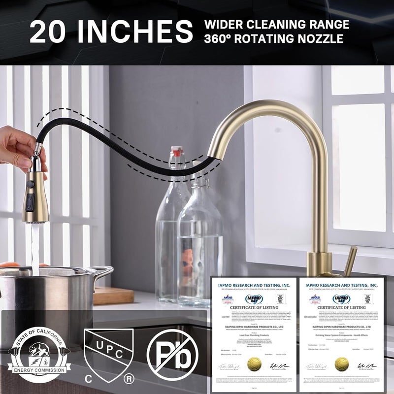 WEWE Brushed Gold Kitchen Faucet with Pull Down Sprayer, Single Handle Gold Kitchen Sink Faucet Stainless Steel Brass Copper Commercial RV 1 or 3 Hole, Champagne Bronze - Image 3
