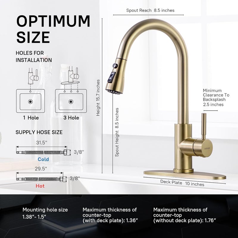 WEWE Brushed Gold Kitchen Faucet with Pull Down Sprayer, Single Handle Gold Kitchen Sink Faucet Stainless Steel Brass Copper Commercial RV 1 or 3 Hole, Champagne Bronze - Image 2