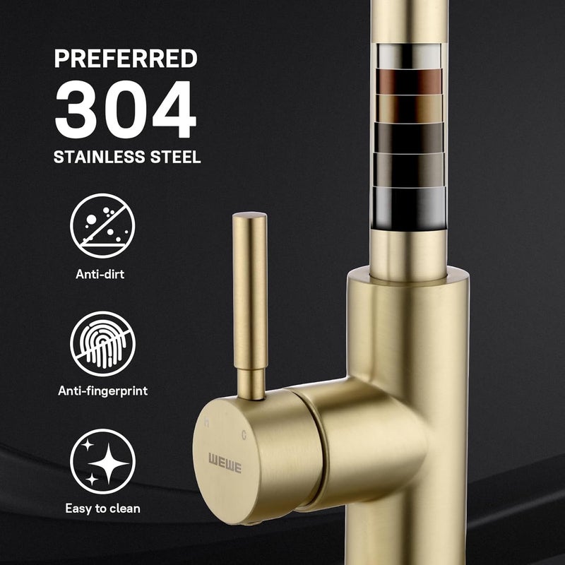 WEWE Brushed Gold Kitchen Faucet with Pull Down Sprayer, Single Handle Gold Kitchen Sink Faucet Stainless Steel Brass Copper Commercial RV 1 or 3 Hole, Champagne Bronze - Image 4