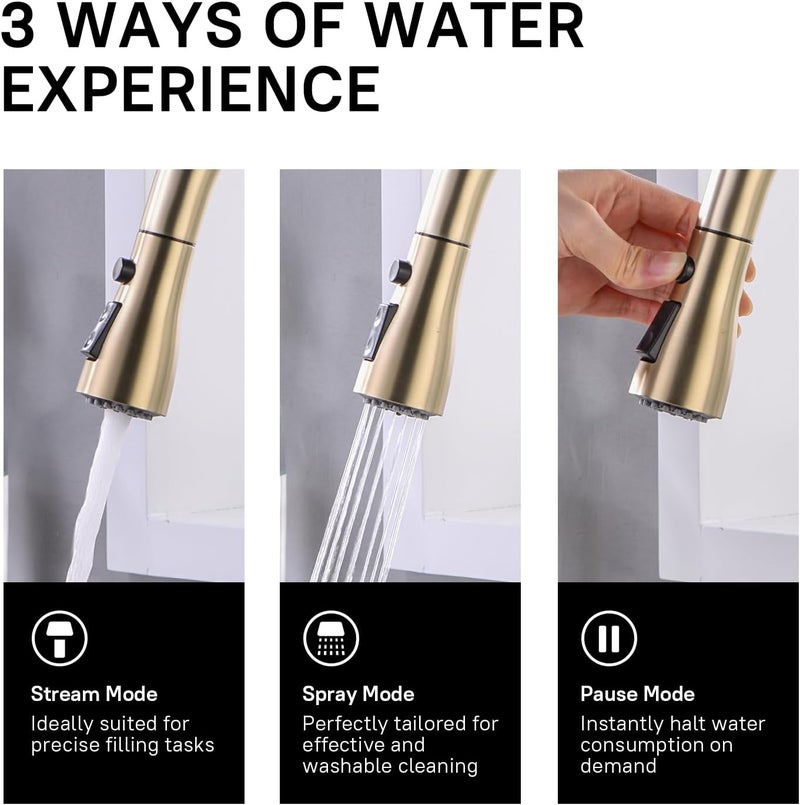 WEWE Brushed Gold Kitchen Faucet with Pull Down Sprayer, Single Handle Gold Kitchen Sink Faucet Stainless Steel Brass Copper Commercial RV 1 or 3 Hole, Champagne Bronze - Image 5